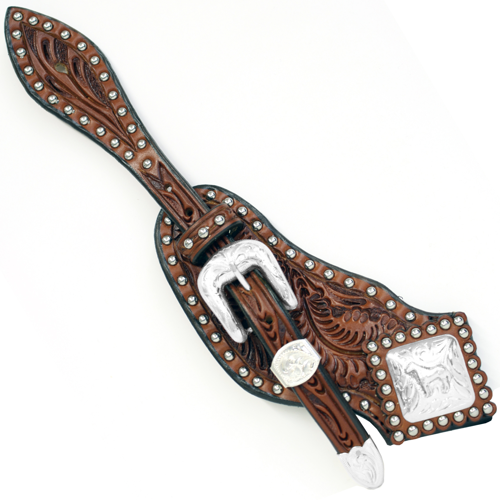 Showman MENS SIZE Tooled Leather SPUR STRAPS Barb Wire Concho & Buckles 